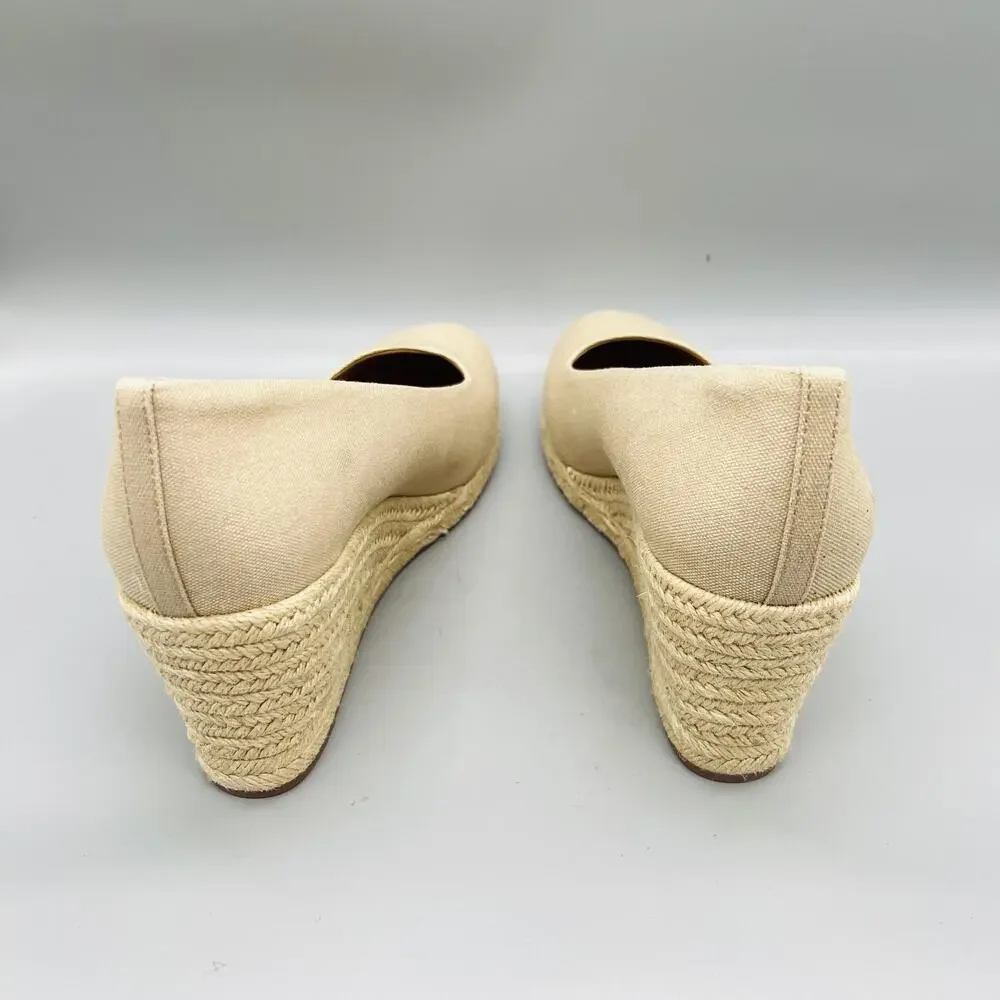 J Crew Shoes Womens 10 Beige Cotton Espadrille Wedge Heels Round Toe Slip On